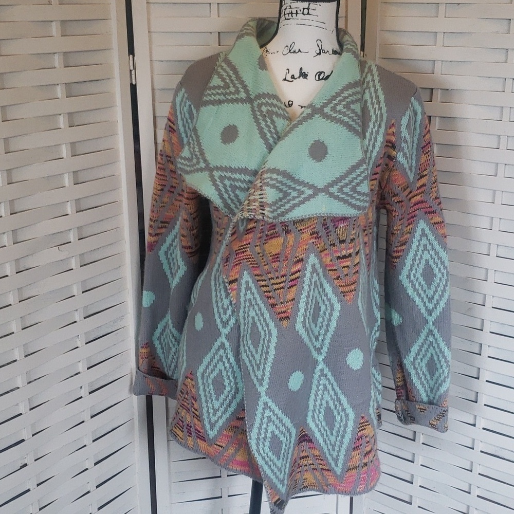 Petrol blue and orange open cowgirl knit cardigan size L/XL